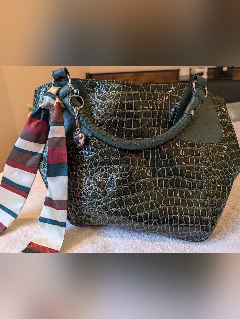Emerald Green Croc Embossed Shoulder Bag Braided Strap Heart Charm Twilly Scarf